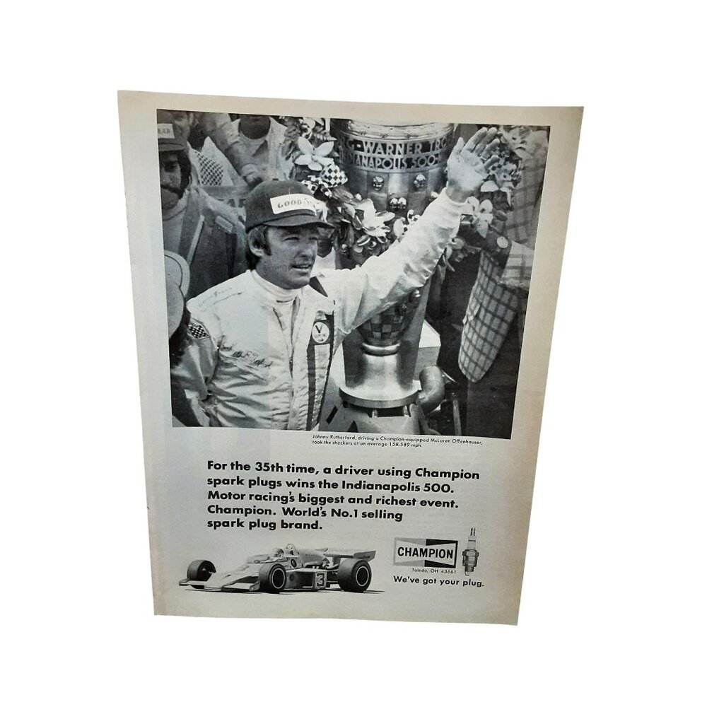 1975 Champion Spark Plugs Indy 500 Johnny Rutherford Vintage Racing Ad